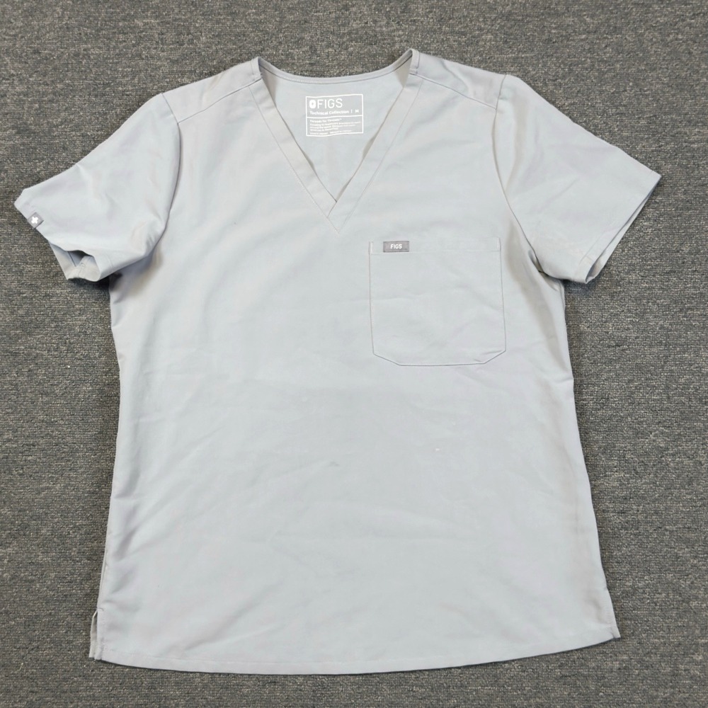 FIGS Technical Collection Casma Scrub Top Light Gray V-Neck Short Sleeve Size M